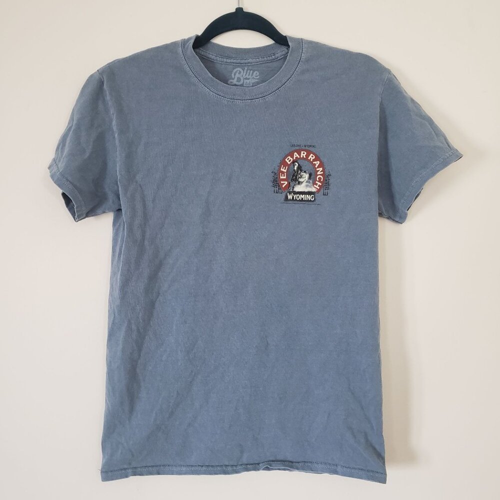 Vee Bar Ranch Wyoming‎ Horse Graphic Mens Blue Short Sleeve Shirt Size S Cotton
